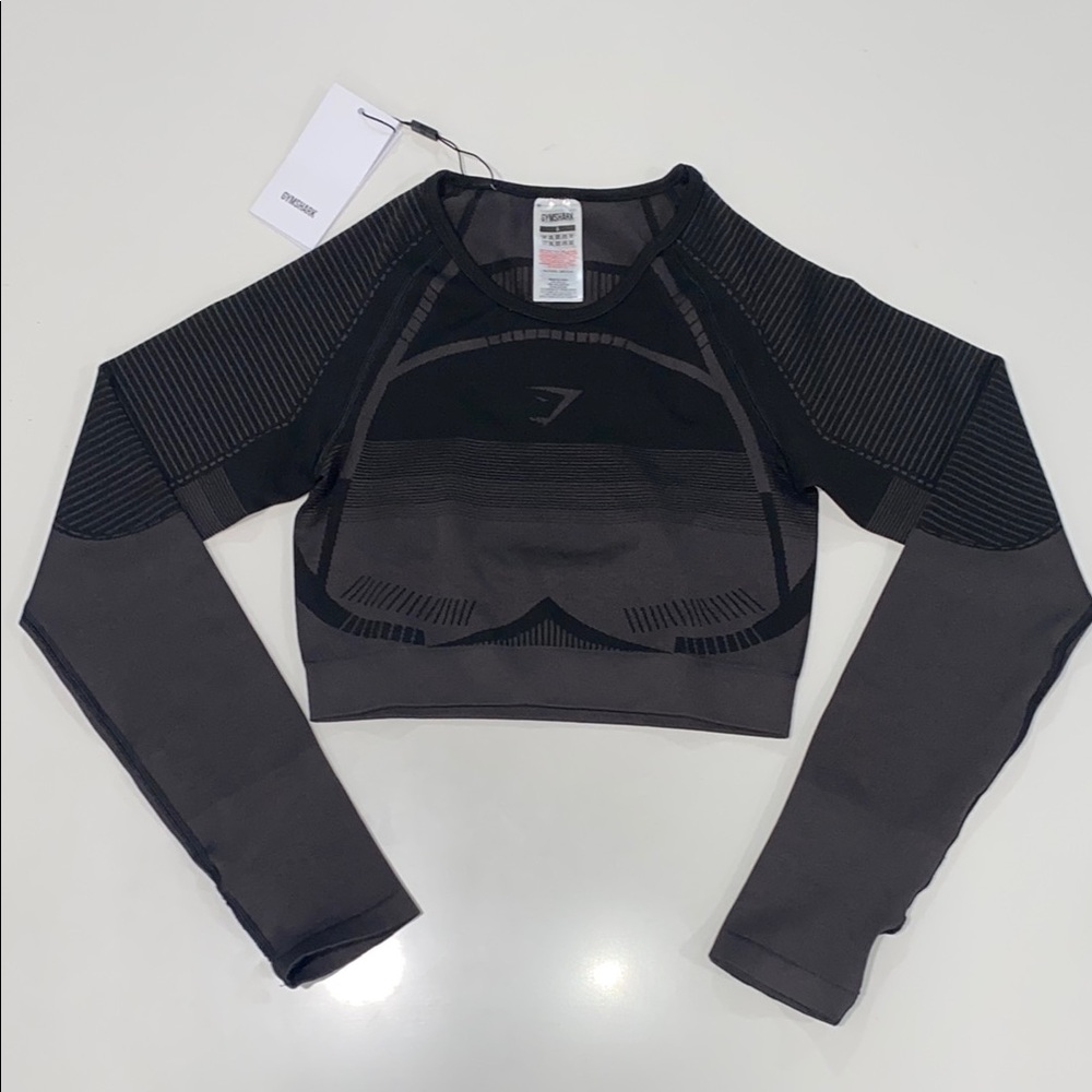 Gymshark Geo Ombre Seamless Long Sleeve‎ Crop Top in Black Tones Size Small NWT
